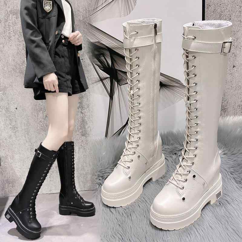 Rakuten - 秋冬 レディース ロングブーツ ミドル丈 厚底 内増高 ライダースタイル スリム 騎士風 女性靴 長筒靴 不过膝 靴子