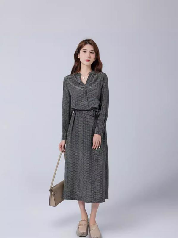 Rakuten - レディース ワンピース シルク100% 桑蚕糸 総柄 プリント 長袖 ロング丈 上品 高見え 通勤 オフィスカジュアル きれいめ 高身長向け エレガント 春 秋