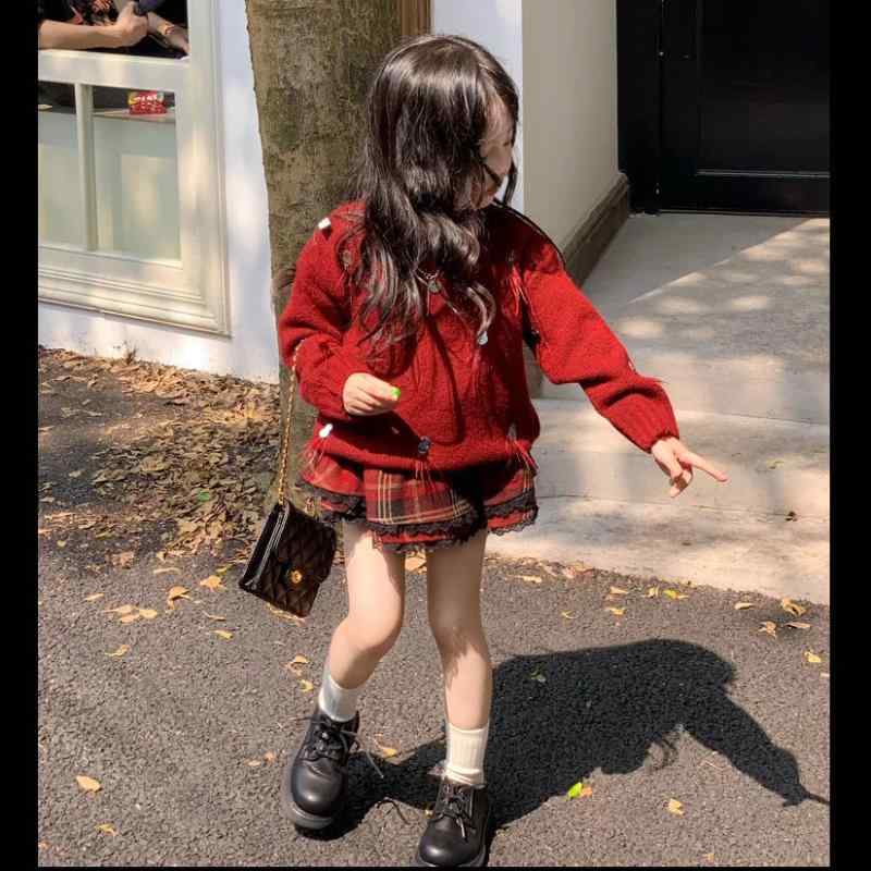 秋冬 女児 赤 フリンジ スパンコール ニットセーター レース縁 チェック柄 チュールスカート