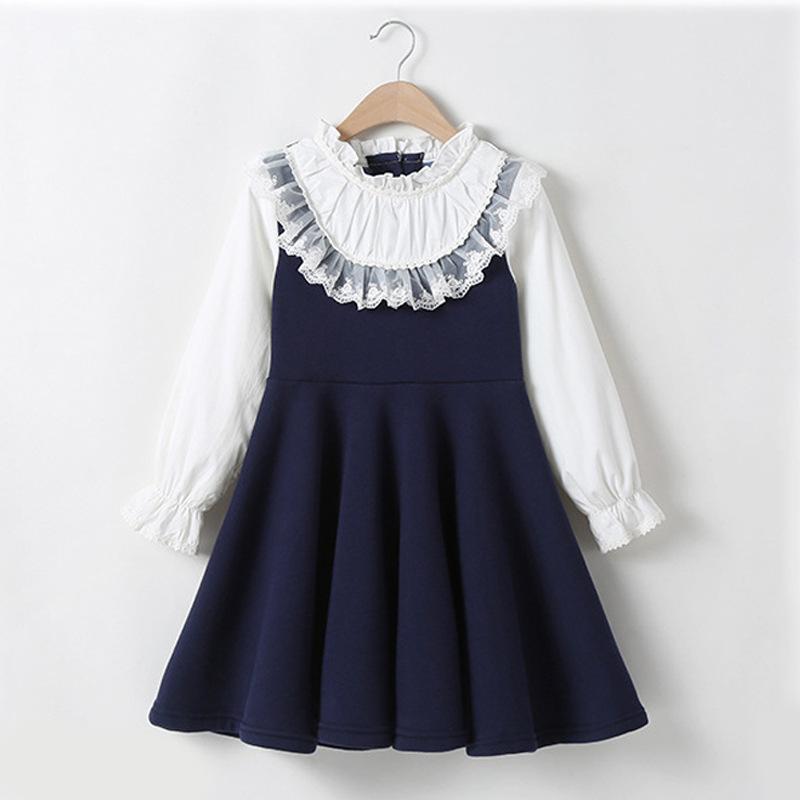 ワンピース キッズ 女の子 春秋 長袖 学院風 プリンセススカート レース切り替え ロングスカート かわいい デザイン 学校 通学 スタイル プリンセスドレス ロングドレス(4.0)