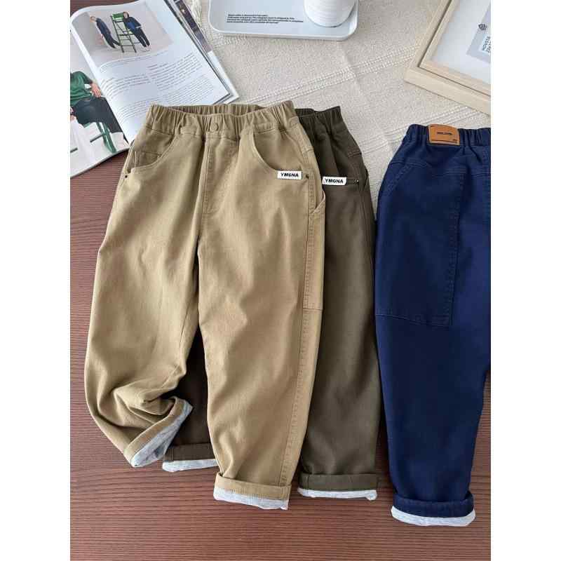 男児 パンツ 秋冬 暖か 厚手 伸縮性 二重層 カジュアル 綿入り ストレート ロング 中大児用