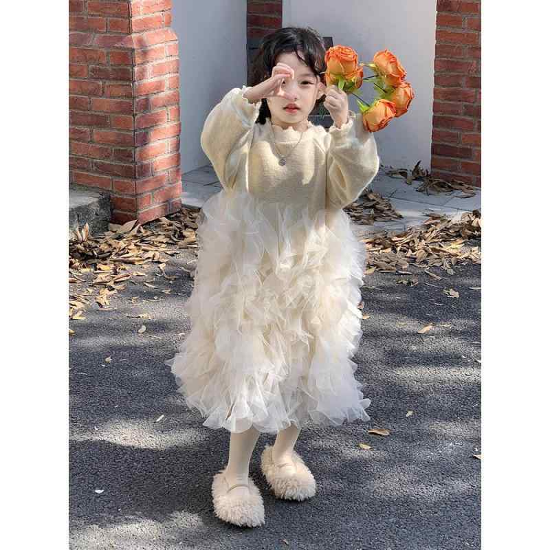 ワンピース 女児 春夏 切り替え チュール ロング フリル袖 ニットスカート オフホワイト レース ふわふ..