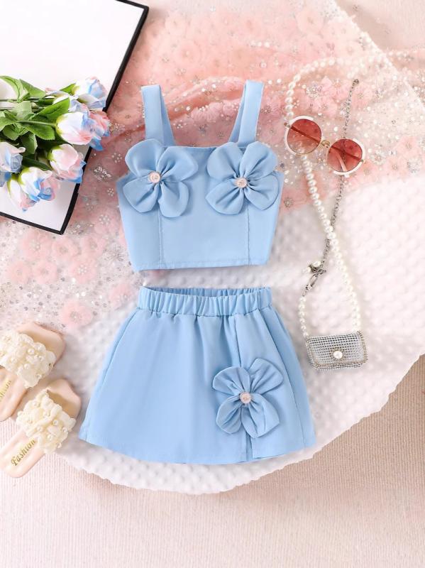 春夏 女児 キャミソール スカートパンツ 2点セット かわいい 花柄 ブルー 爽やか 甘め 日常 遊び着 清新 トップス ボトム キッズ コーデ