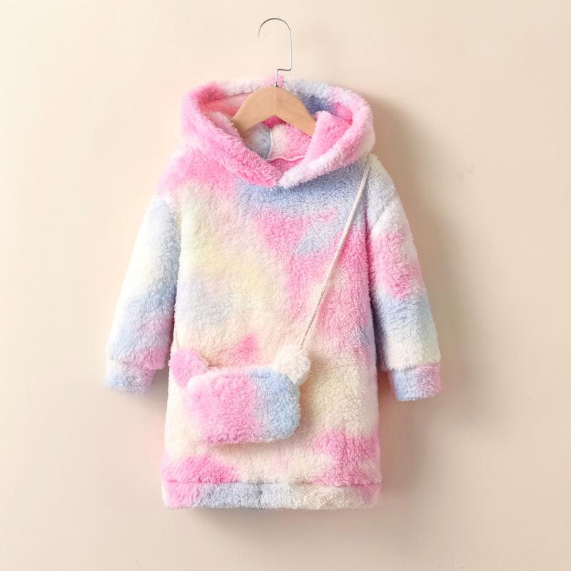 Shirts - ワンピース 女の子 キッズ フード付き グラデーションカラー 羊毛 長袖 ドレス 秋冬 カジュアル 日常着 斜めがけバッグ 付き かわいい スタイリッシュ 暖か 軽量