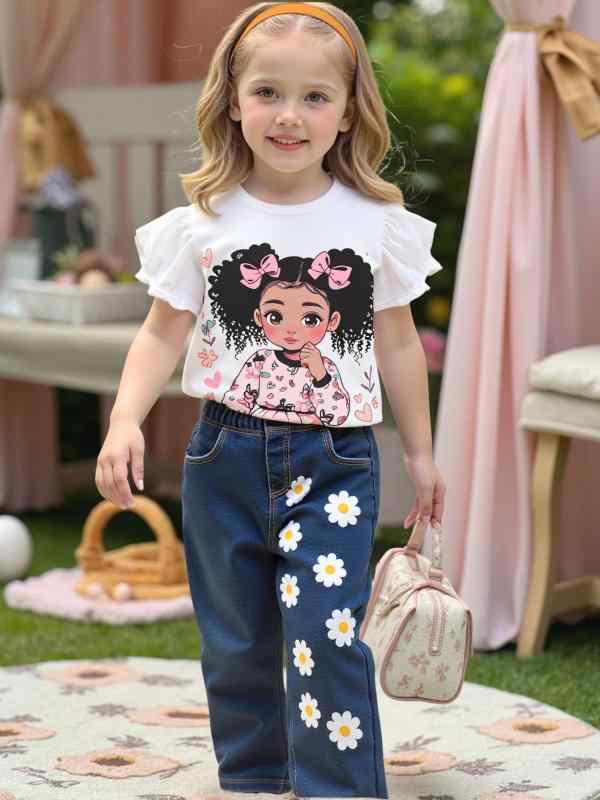デニムパンツ 女の子 春夏 ゆったり カジュアル プリント ロングパンツ かわいい ショートスリーブ Tシャツ 接触冷感 吸湿速乾 軽量 再生繊維