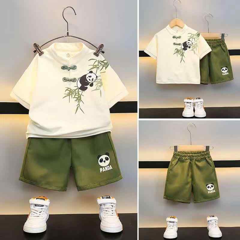 キッズ 漢服 セット 春夏 短袖 パンダ柄 中華風 唐装 女児 男児 ベビー 夏装 国風 衣装 男女兼用