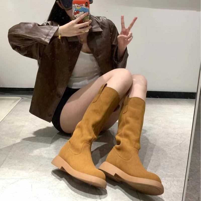 レディース 長筒ブーツ 厚底 丸頭 レザー 西部スタイル マット加工 プリーツ デザイン 高級感 レトロ ..