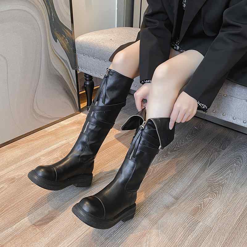 ロングブーツ レディース 本革 フロントジッパー 厚底 膝下 ぽっちゃり対応 ラウンドトゥ ワイド ライダースタイル ハイカット 秋冬 通勤 通学 アウトドア 吸湿速乾 軽量 高級感