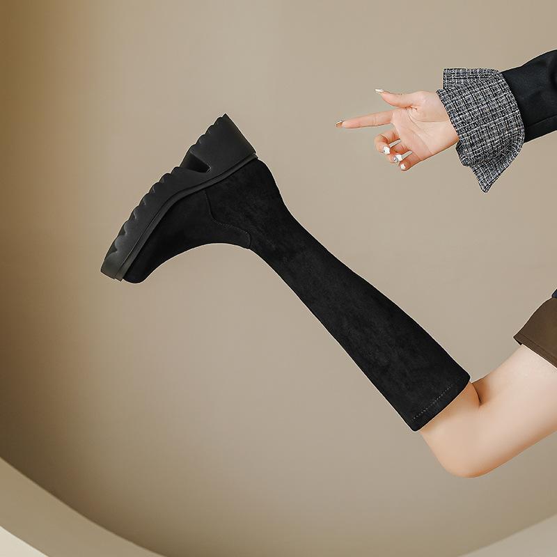 レディース ロングブーツ スエード調 太ヒール プラットフォームソール 膝下丈 高筒 暖か裏地 伸縮素材..