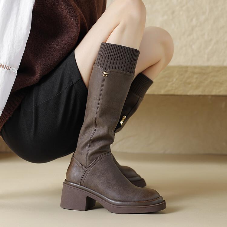 秋冬 レディース ニット ロングブーツ ライダーブーツ レトロ 切り替え サイドジッパー ラウンドトゥ ..