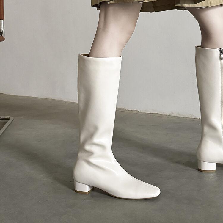 ロングブーツ レディース 秋冬 膝下丈 ミッドヒール スクエアトゥ サイドジッパー 快適 太ヒール シン..