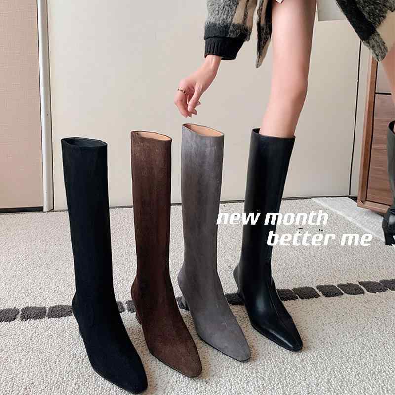ロングブーツ レディース スクエアトゥ 牛革 太ヒール 秋冬 シンプル エレガント ファッション ロング..
