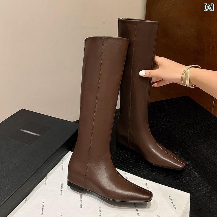レディース ロングブーツ フレンチエレガント 軽熟女向け ニッチデザイン 高筒 スクエアトゥ シンプル ..
