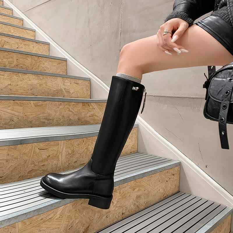 秋冬 レディース ロングブーツ シンプル ベーシック ラウンドトゥ 太ヒール ブラック 韓国風 ミドルヒール バックジッパー ライダーブーツ 大きめサイズ 通勤 日常使い