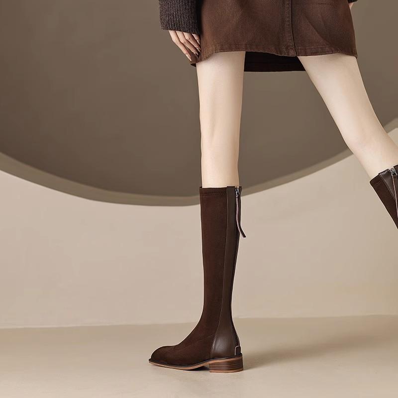 秋冬 レディース ブーツ ソフトレザー シンプル 上品 弾力 脚痩せ フラット底 ブラウン ミッドカーフ ロング ハイカット 吸湿速乾 軽量 伸縮性 通勤 日常使い