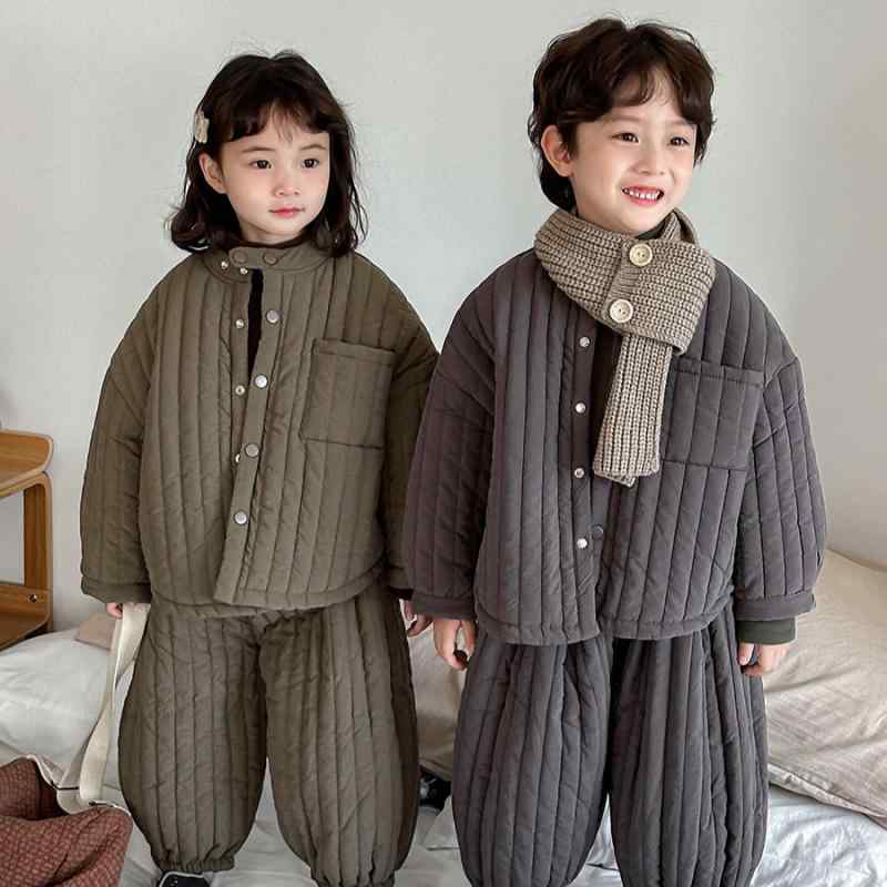 キッズ 男女兼用 秋冬 厚手 保暖 綿 シャツ コート 外套 パンツ 2点セット ベビー 子供服 暖か 保温 トップス ボトムス セットアップ