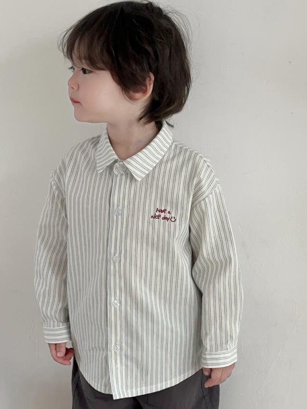 乐天商城 - 春夏 キッズ 綿 シャツ 男の子 女の子 柔らかい トップス シンプル 胸口 刺繍 条紋 吸湿速乾 軽量 通学 部屋着