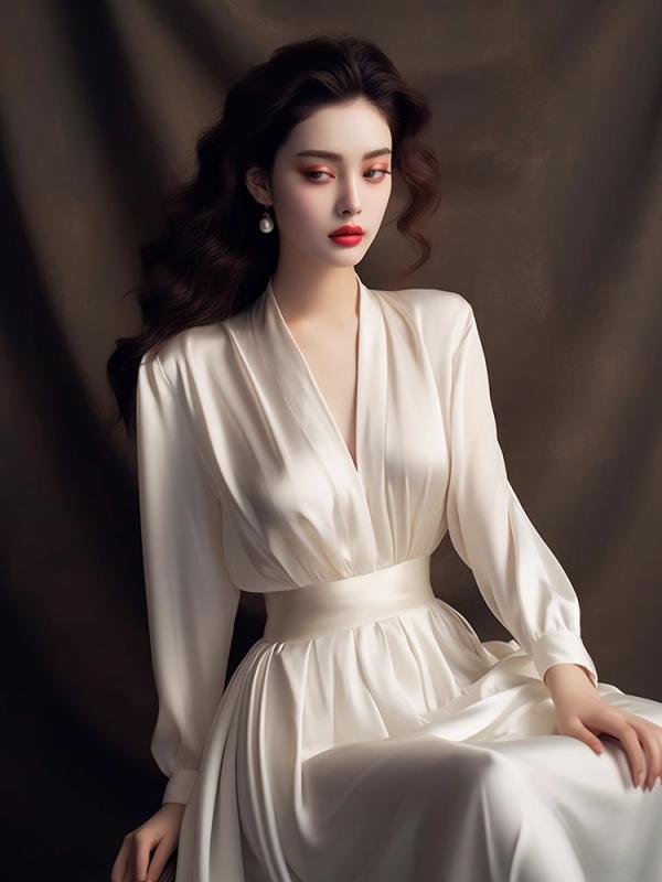 レディース ワンピース ロング丈 サテン フレンチスタイル ホワイト 高級感 上品 華やか パーティー 二次会 謝恩会 お呼ばれ ドレス きれいめ 大人 フェミニン 無地 春 秋