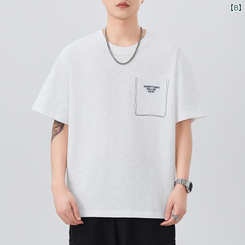 Tシャツ メンズ 短袖 綿 刺繍 アメリカンスタイル ユース ゆったり 大きめ カジュアル ベーシック 丸首 トレンド デザイン ルーズフィット ストリートファッション 日常使い コーディネートしやすい トップス インナー