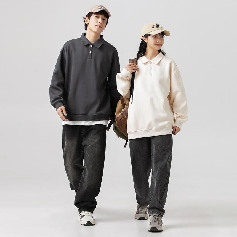 スウェット 男女兼用 春秋 ゆったり コットン 無地 襟付き 香港風 カップル ペア ストリート カジュア..