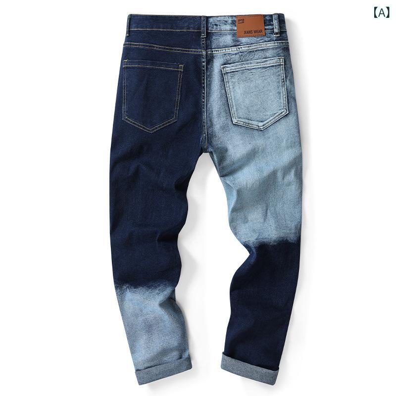 デニムパンツ メンズ ダメージ レトロ パッチ 補丁 ストリート ファッション ハイストリート カジュアル ボトムス ジーンズ デニム 素材 通年 着用 軽量 快適 フィット スタイル 欧米 トレンド 復古 デザイン 破れ加工 穴あき ヴィンテージ 雰囲