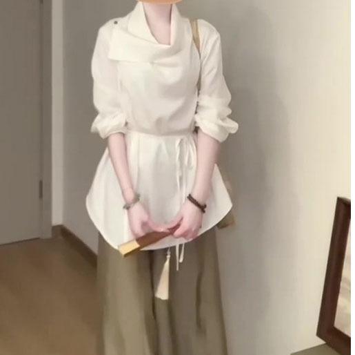 レディース セットアップ 上下セット 2点セット シャツ ブラウス ワイドパンツ リネン 麻 スタンドカラー ウエストマーク リボン ホワイト 韓国風 デザイン 上品 ゆったり リラックス きれいめ 高見え 体型カバー 涼しい 春 夏