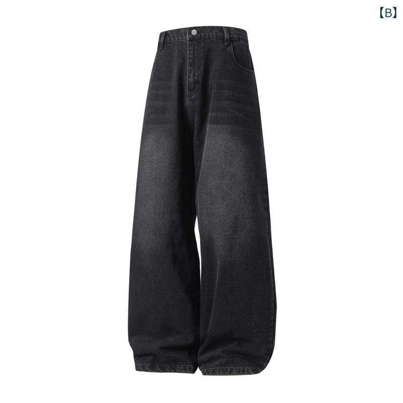 デニムパンツ メンズ 秋冬 アメリカン レトロ シルエット ハイストリート 水洗 ヴィンテージ加工 ストレート ゆったり ロング 質感 ストリート カジュアル 通勤 通学 アウトドア デニム 綿 加工 切り替え