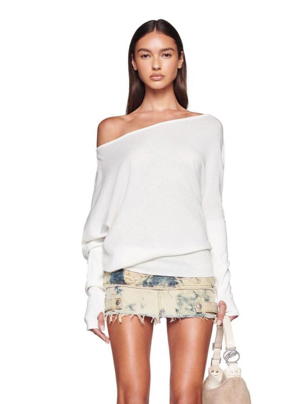 レディース ニット セーター トップス ワンショルダー オフショルダー アシンメトリー ウール タイト ..