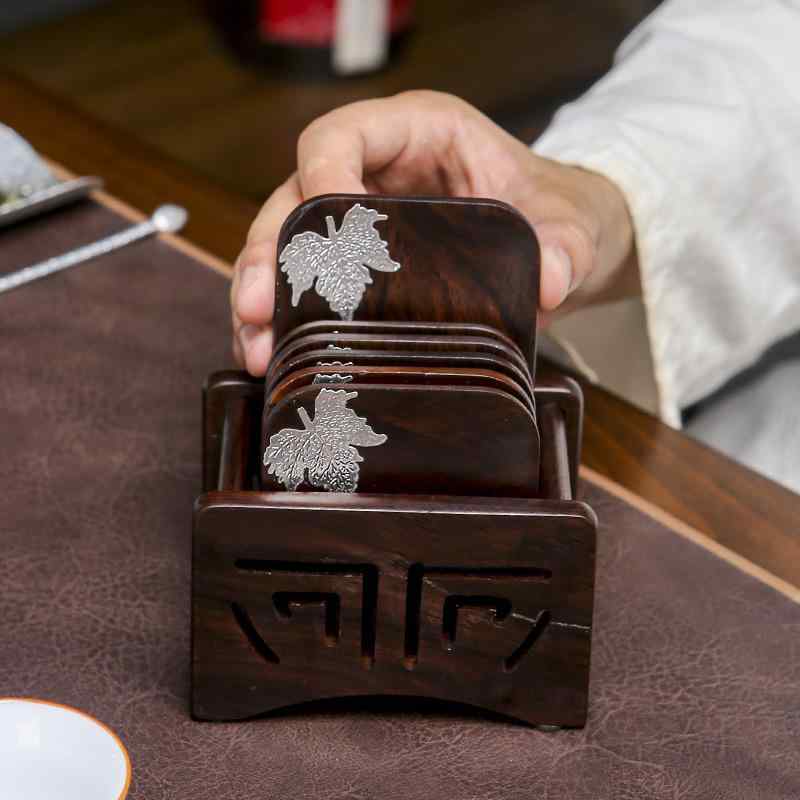 黒檀実木 花梨木 ティーカップマット 茶道 功夫茶 カップ托 隔熱パッド 木製コースター 茶具アクセサリ..