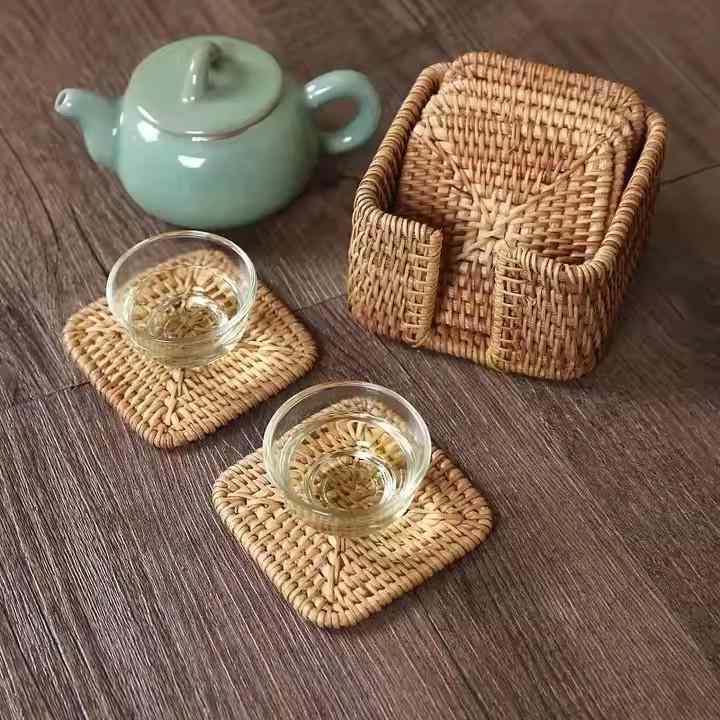 藤編み カップマット ベトナム 手編み 茶具 養壺 断熱パッド 天然ラタン 卓上 ティータイム アクセサリ..