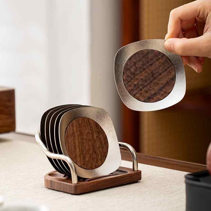 ティーカップマット 純チタン ウォールナット 茶杯托 断熱パッド 茶道用 功夫茶器具 セット 高級感 ク..
