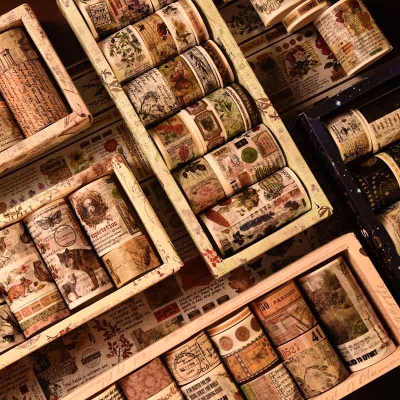 手帳ステッカーセット キッズ レトロ 和紙テープ 18巻 DIY素材 装飾貼画 相册 アルバム 日記手帳 ノー..