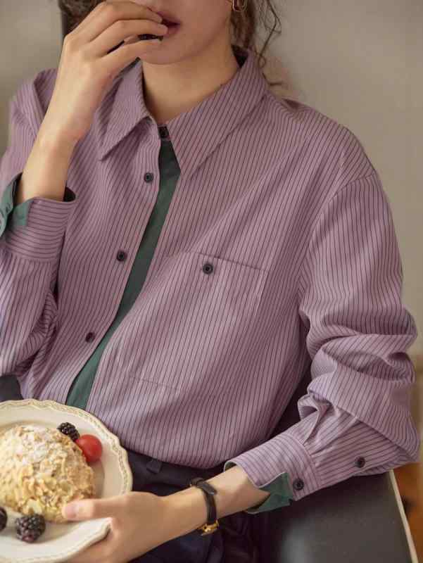 Underwear, Sleepwear - レディース シャツ ブラウス 長袖 ストライプ柄 配色切り替え 微起毛 起毛感 レトロ フレンチスタイル ヴィンテージ風 上品 きれいめ 大人可愛い カジュアル 通勤 オフィスカジュアル 羽織り トップス 春 秋