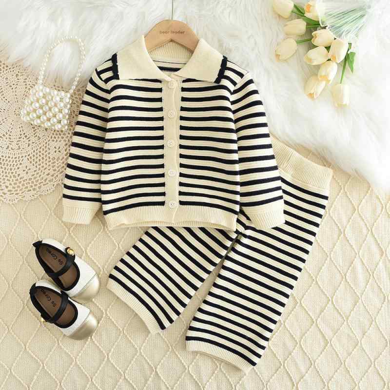 女児 秋冬 セーター 2点セット ストライプ ラペルカラー 長袖 カーディガン パンツ かわいい 洋気 コーデ キッズ ファッション 暖か ニット トップス ボトムス 日常使い 学校 遊び着 柔らかい 素材 快適 着心地 成長 対応 サイズ 豊富 選択