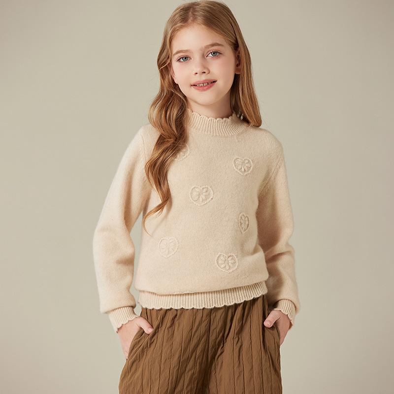 キッズ 女児 秋冬 加厚 カシミヤ ニットセーター レース 花辺 手作り 立体 刺繍 プルオーバー ベースレ..