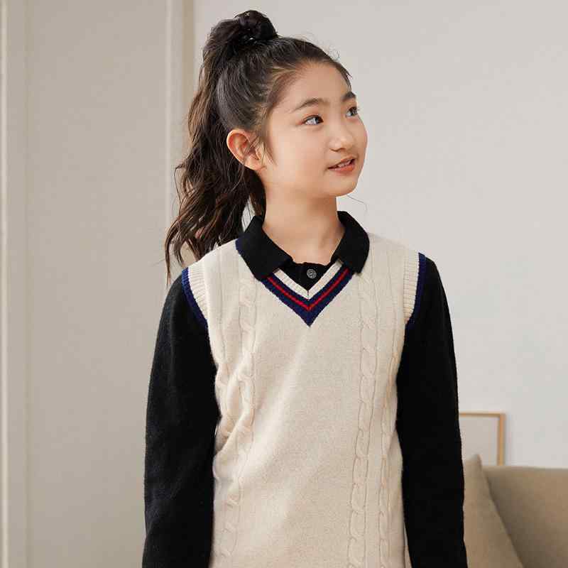 秋冬 ニット ベスト 男女兼用 子供用 純羊毛 Vネック 切り替え 暖か インナー セーター マフラー トップス 毛織り 軽量 吸湿速乾 通勤 通学 アウトドア