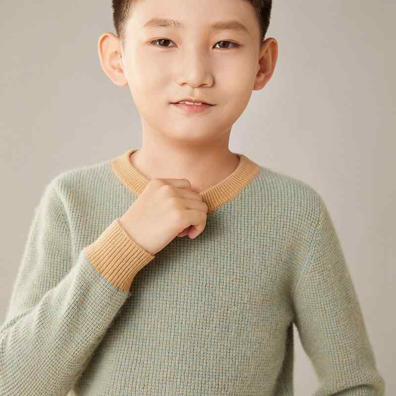 秋冬 キッズ セーター 男女兼用 羊毛 切り替え クルーネック 長袖 ゆったり 暖か ニット インナー ベース トップス 通学 部屋着 吸湿速乾 軽量