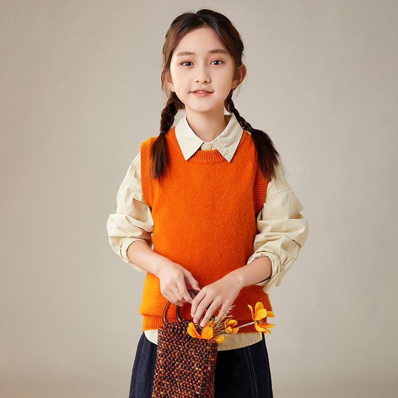 秋冬 ニット ベスト 男女兼用 キッズ カシミア ラウンドネック 無袖 暖か 柔らか 単色 保暖 切り替え 吸湿速乾