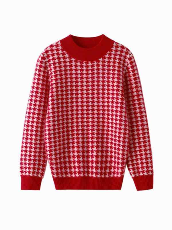 セーター キッズ 男女兼用 秋冬 厚手 羊毛 ハーフハイネック プルオーバー 千鳥格子 ニット 中大サイズ ゆったり 暖か 学校 日常 着回し 柔らか 保温 スタイリッシュ 柄物 トップス 長袖 ベーシック コーデ 人気柄 子供服 ファッション 冬物 防