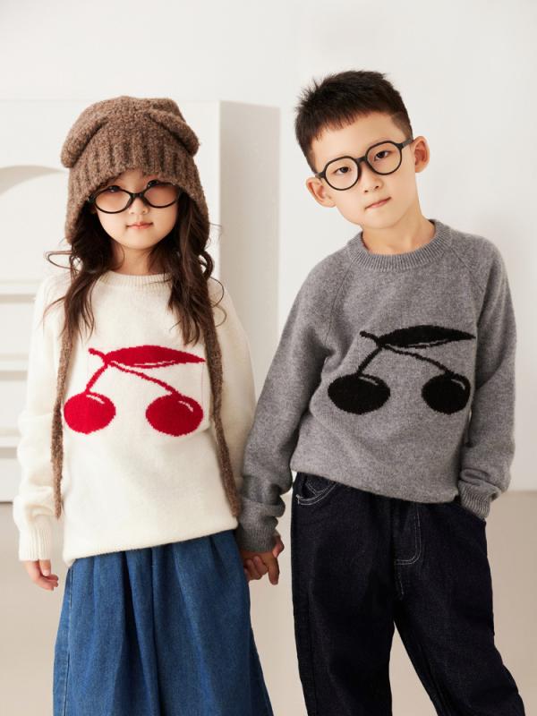 秋冬 キッズ ニットセーター 男女兼用 中大サイズ 羊毛混 クルーネック プルオーバー チェリージャカード 暖か ベースレイヤー トップス インナー 吸湿速乾 軽量 部屋着 通学