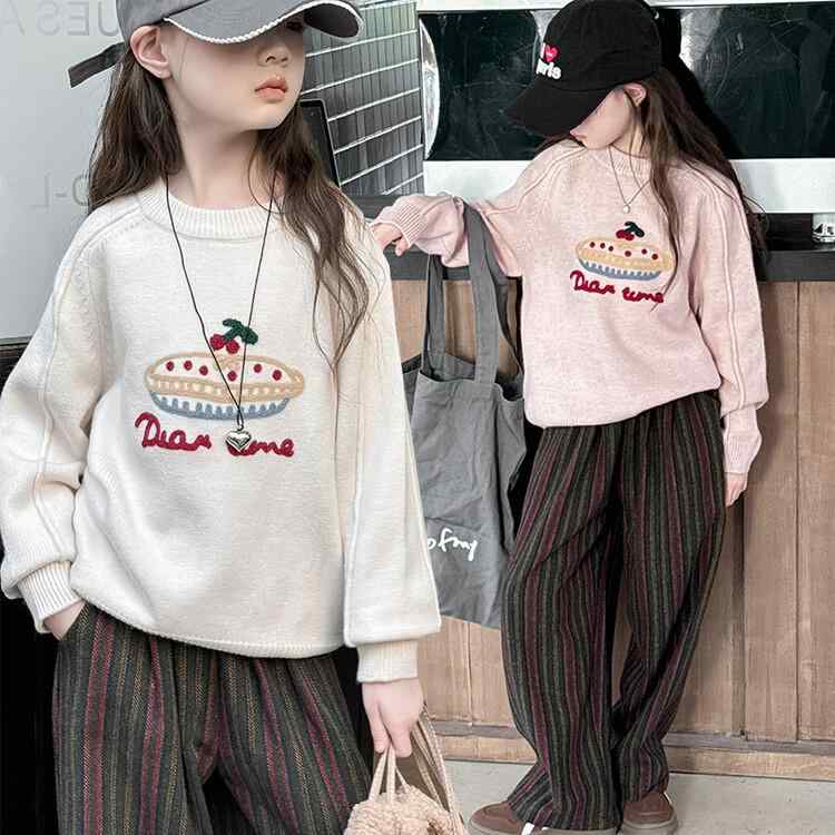 ニットセーター 女児 秋冬 プルオーバー クルーネック 長袖 トップス レイヤード ベースシャツ 通学 部..