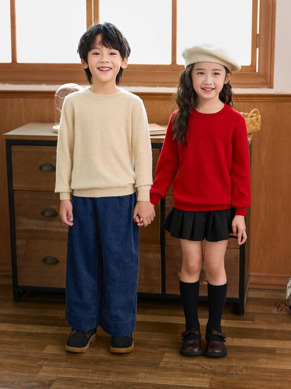 秋冬 キッズ セーター ウール 100% クルーネック 長袖 無地 男女兼用 ベーシック インナー ニット トップス 暖か 素材 基礎レイヤー 日常使い