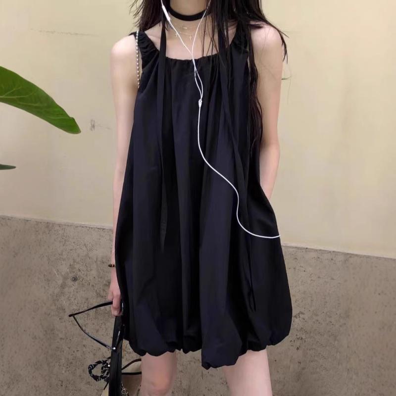 レディース ワンピース ノースリーブ ジャンパースカート バルーンシルエット クルーネック ギャザー ゆったり 体型カバー 楽ちん 大人可愛い カジュアル きれいめ 上品 春