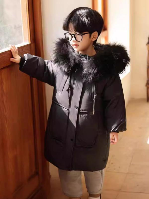 キッズ ダウンジャケット 男女兼用 秋冬 厚手 保温 綿混 ホワイトダックダウン ボリュームファー ロン..