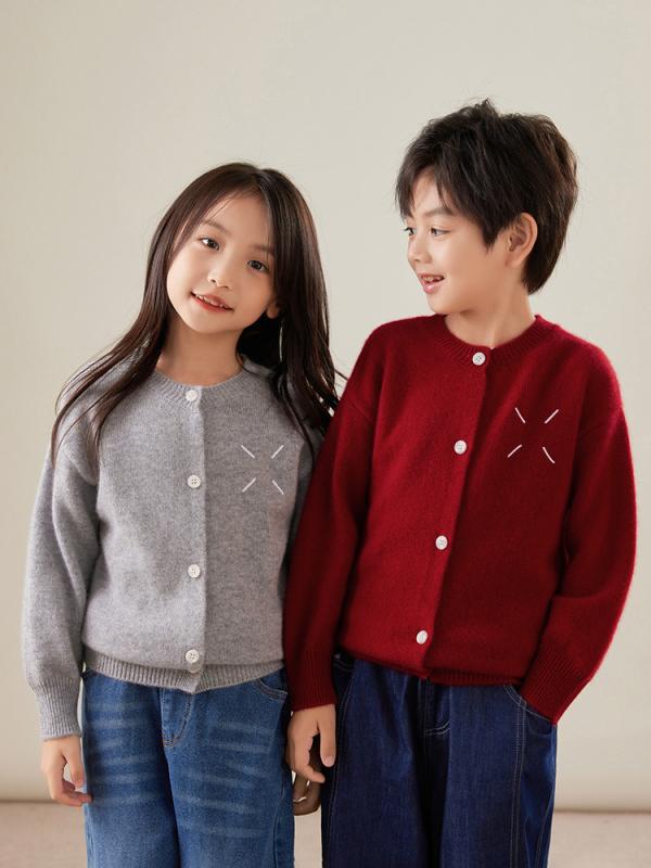 秋冬 キッズ カーディガン 純羊毛 長袖 丸首 シングルブレスト 暖か 開襟セーター 子供服 トップス 羊..