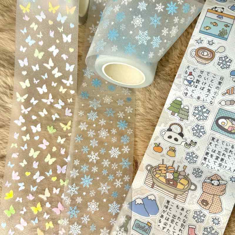 手帳ステッカー シールテープ 雪の結晶 蝶モチーフ 装飾基礎素材 切膜貼紙 巻きロール クラフト用品 プ..