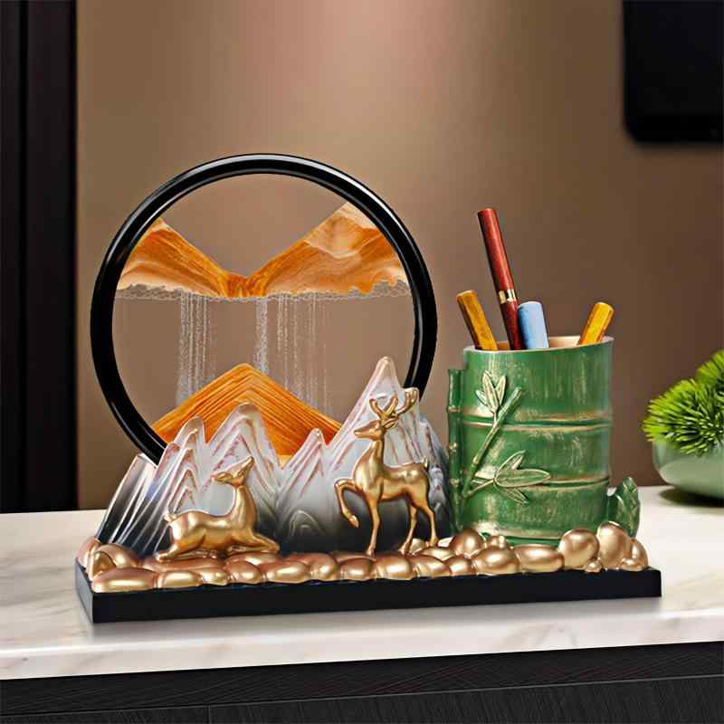 ペン立て オフィス 竹製 節節高升 縁起物 デスクアクセサリー 福鹿 流砂画 置物 高級感 開運アイテム 昇進祈願 インテリア雑貨 書斎用品 昇給グッズ