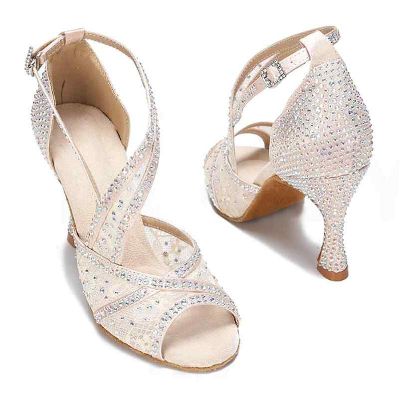 ラテン舞シューズ レディース ハイヒール 室内ダンスシューズ ソフトソール ジルコニア装飾 パーティー ウェディングシューズ プロフェッショナル 女性用 ダンスパーティー 結婚式 足元快適 軽量 伸縮性