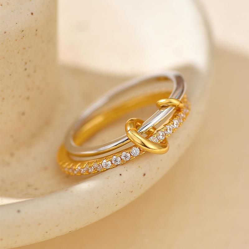 指輪 レディース 個性派 気質デザイン 高級感 純銀製 二層構造 切り替えカラー ジルコニア スタイリッ..