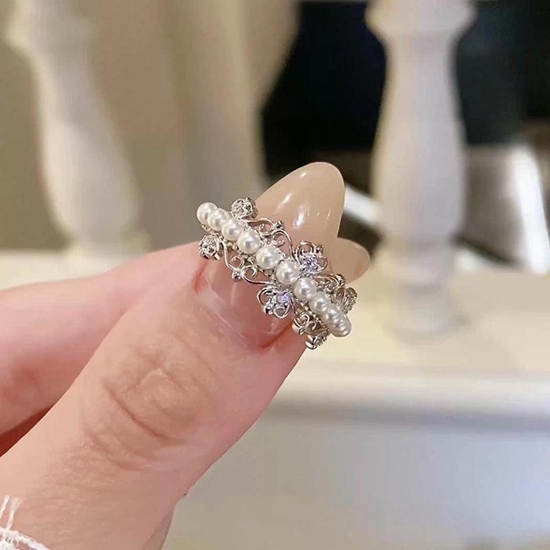 レディース 指輪 パール レース 王冠 デザイン S925 純銀 高級感 軽奢 ファッション 個性 オープン リ..